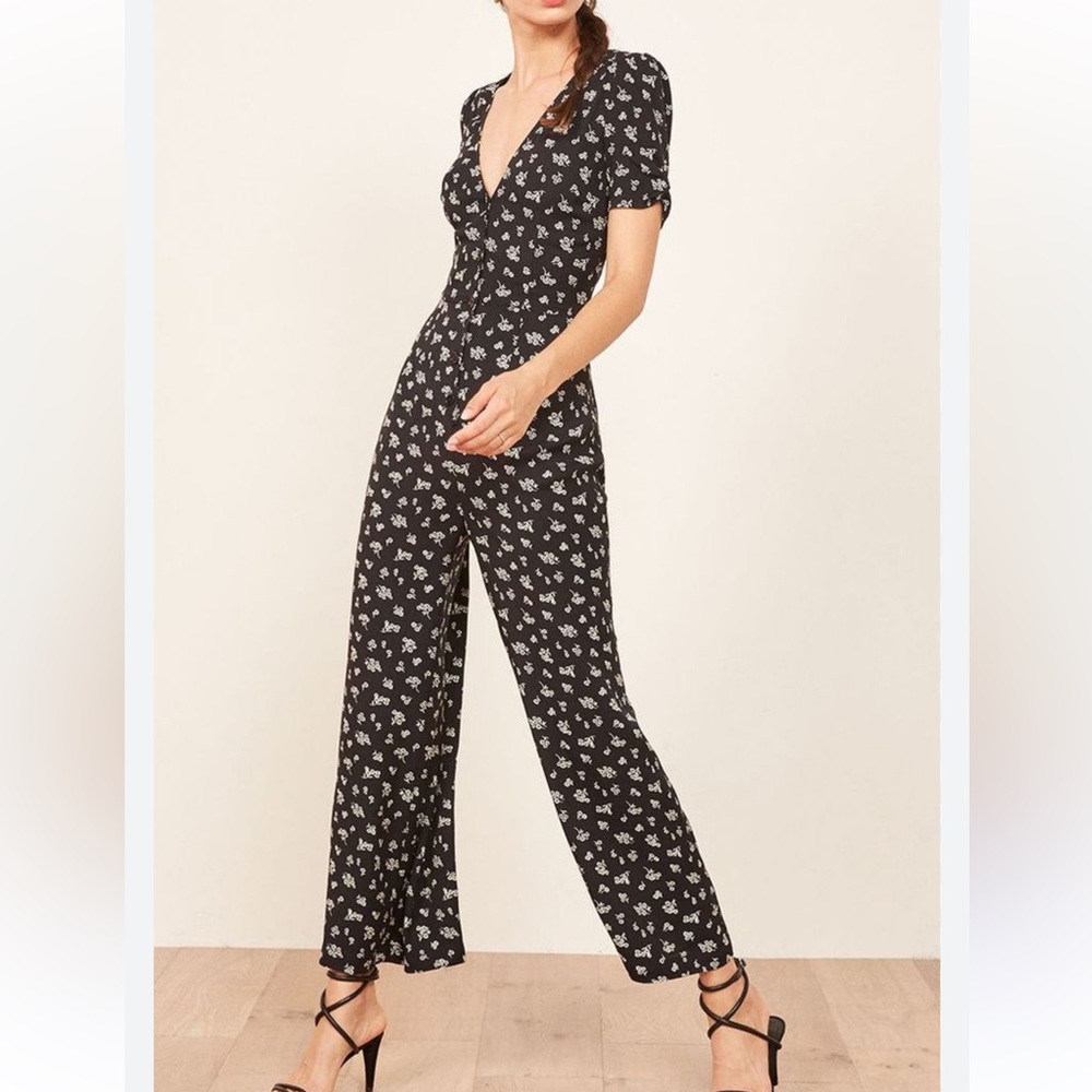 Reformation Black Floral Wide Leg Jumpsuit